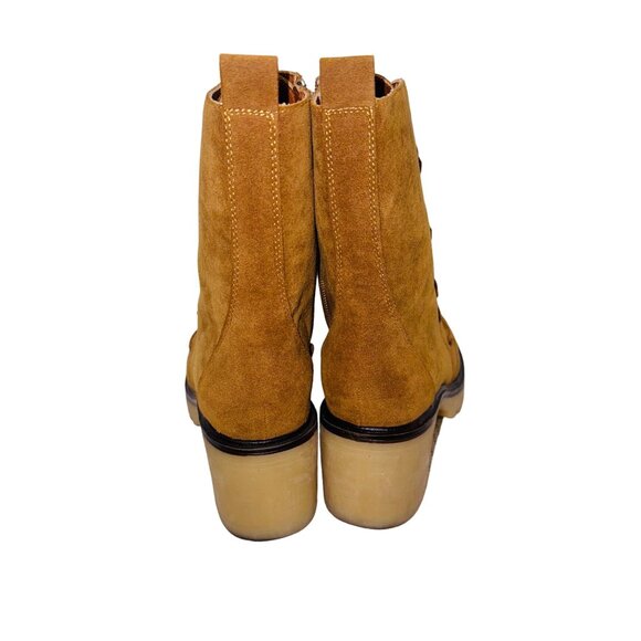 Mum Camel Suede Lace-Up Mid-Calf Boots Chunky Platform Heel Boho Retro 70s Y2K 7 - Picture 6 of 11